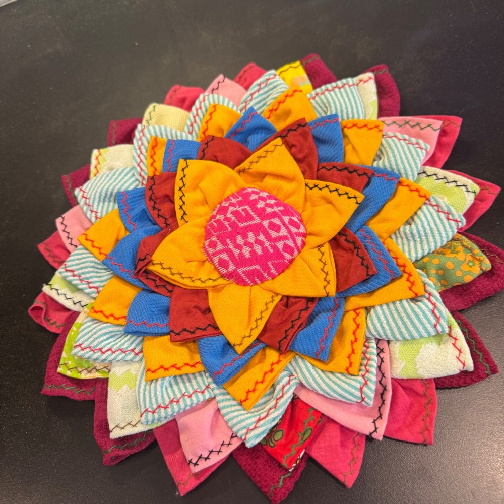 Handmade Petal Pop Zinnia Wall Hanging 11in Multicolor Fabric Boho Floral Art